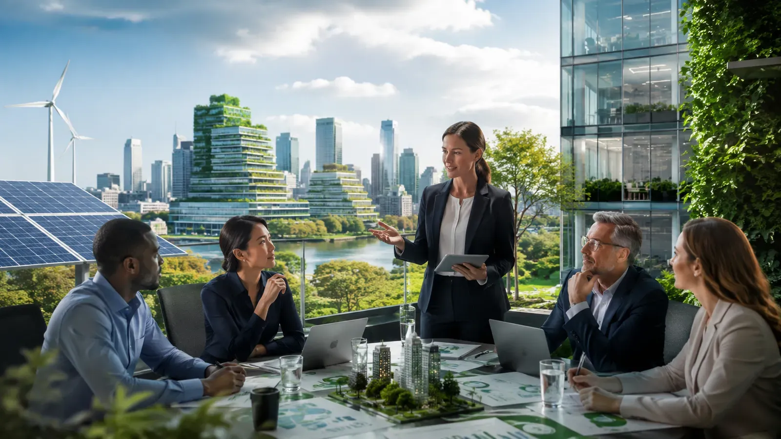 Profissionais reunidos em escritório sustentável discutindo estratégia ESG, com painéis solares, turbina eólica e edifícios verdes ao fundo